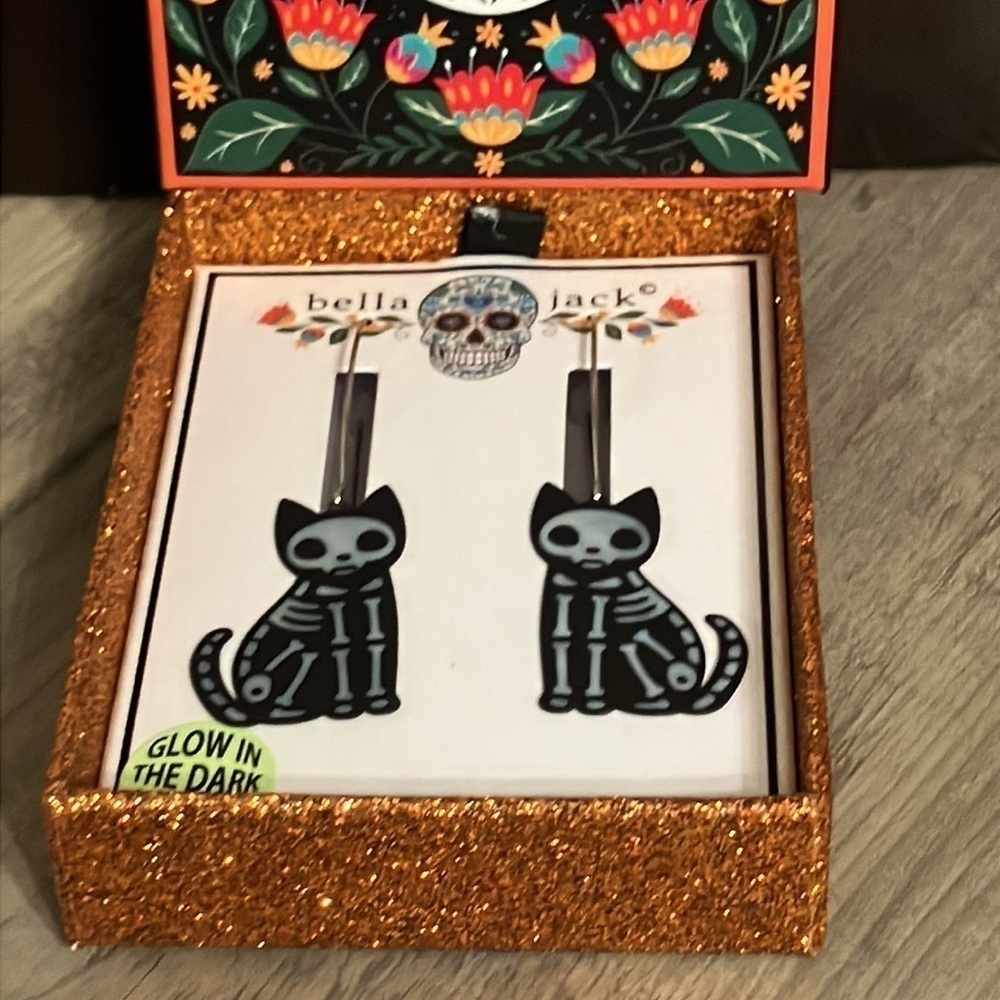 BELLA & JACK GLOW IN THE DARK SKELETON CAT DAY OF THE DEAD WIRE DANGLE EARRINGS - Picture 3 of 8